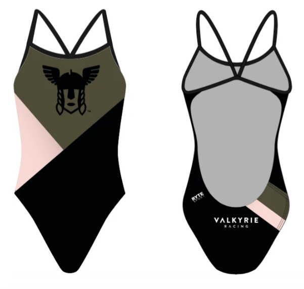 Valkyrie Racing Custom Black Pattern Women’s Open Back Thin Strap Swimsuit